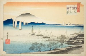Terugkerende zeilen bij Yabase (Yabase no kihan), uit de serie "Acht Zichten van Omi (Omi hakkei no uchi)" door Utagawa Hiroshige