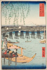 Ryogoku-brug in de oostelijke hoofdstad (Toto Ryogoku), uit de serie "Zesendertig gezichten op de berg Fuji (Fuji sanjurokkei)"