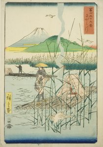 Sagami Rivier (Sagamigawa), uit de serie "Zesendertig Zichten op de Berg Fuji (Fuji sanjurokkei)" door Utagawa Hiroshige