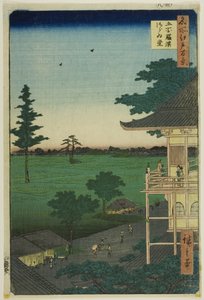 Sazai Hall van de Five Hundred Rakan Temple (Gohyaku Rakan Sazaido), uit de serie "One Hundred Famous Views of Edo (Meisho Edo hyakkei)".