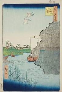 Verspreide dennenbomen aan de rivier de Tone (Tonegawa Barabara-matsu), nr. 71 uit de serie "Honderd beroemde vergezichten van Edo (Meisho Edo hyakkei)".