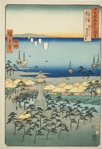 Settsu Provincie: Idemi-strand bij Sumiyoshi (Settsu, Sumiyoshi Idemi no hama), uit de serie "Beroemde plaatsen in de zestig-odd provincies (Rokujuyoshu meisho zue)" door Utagawa Hiroshige