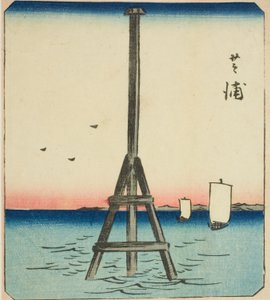 Shibaura, deel van een blad uit de serie "Uitgeknipte afbeeldingen van beroemde plaatsen in Edo (Edo meisho harimaze zue)" door Utagawa Hiroshige