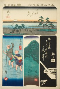 Shimada, Fujieda, Okabe, en Mariko, nr. 6 uit de serie "Uitknipsels van de Drieënvijftig Stations (Gojusan tsugi harimaze)" door Utagawa Hiroshige