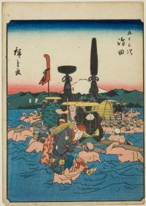 Shimada, uit de serie "Drieënvijftig Stations [van de Tokaido] (Gojusan tsugi)," ook bekend als de Figuren Tokaido (Jinbutsu Tokaido)