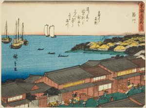 Shinagawa, uit de serie "Drieënvijftig Stations van de Tokaido (Tokaido gojusan tsugi)," ook bekend als de Tokaido met Gedicht (Kyoka iri Tokaido) door Utagawa Hiroshige