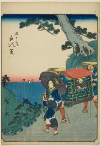 Shirasuka, uit de serie "Drieënvijftig stations [van de Tokaido] (Gojusan tsugi)," ook bekend als de Figure Tokaido (Jinbutsu Tokaido)