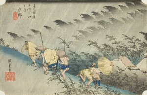 Shono: Stortregen (Shono hakuu), uit de serie "Drieënvijftig stations van de Tokaido (Tokaido gojusan tsugi no uchi)," ook bekend als de Hoeido Tokaido door Utagawa Hiroshige
