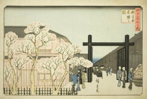 Lenteochtend in de nieuwe Yoshiwara (Shin Yoshiwara haru akebono no zu), uit de serie "Beroemde plaatsen in Edo (Edo meisho no uchi)"