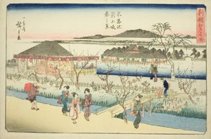 Lentezicht op de nieuwe dijk bij Shinobazu-vijver, uit de serie "Nieuw geselecteerde beroemde plaatsen in Edo"