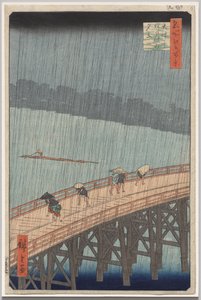 Plotselinge Regenbui over Shin-Ōhashi-brug en Atake, uit de serie Honderd Beroemde Zichten van Edo door Utagawa Hiroshige
