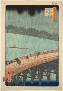 Plotselinge regenbui over Shin Ohashi-brug en Atake (Ohashi Atake no yudachi), uit de serie "Honderd beroemde uitzichten van Edo (Meisho Edo hyakkei)" door Utagawa Hiroshige