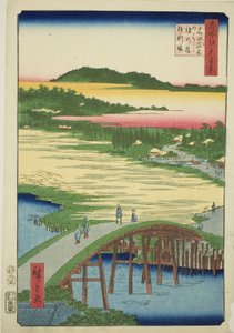Sugatami-brug, Omokage-brug en de Grindgroeve bij Takata (Takata Sugataminohashi Omokagenohashi jariba), uit de serie "Honderd Beroemde Zichten van Edo (Meisho Edo hyakkei)" door Utagawa Hiroshige