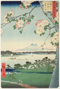 Suijin-schrijn en Massaki aan de Sumida-rivier (Sumidagawa Suijin no mori Massaki), uit de serie "Honderd beroemde zichten van Edo (Meisho Edo hyakkei)"