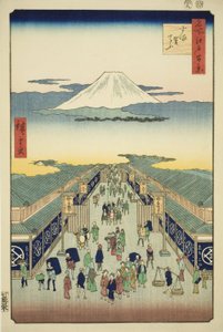 Surugacho, uit de serie "Honderd beroemde uitzichten van Edo (Meisho Edo hyakkei)" door Utagawa Hiroshige