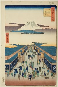 Surugacho, uit de serie "Honderd Beroemde Uitzichten van Edo (Meisho Edo hyakkei)" door Utagawa Hiroshige