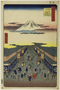 Surugacho, uit de serie "Honderd beroemde vergezichten van Edo (Meisho Edo hyakkei)". door Utagawa Hiroshige