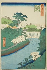 De dam in de Otonashi-rivier bij Oji, gewoonlijk "De grote waterval" genoemd (Oji Otonashigawa entai, sezoku Otaki to tonau), nr.19 uit de serie "Honderd beroemde vergezichten van Edo (Meisho Edo hyakkei)". door Utagawa Hiroshige