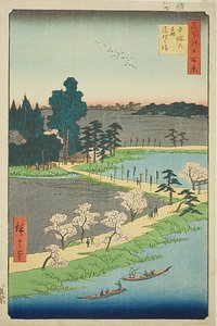 De verstrengelde kamferbomen bij het Azuma heiligdom (Azuma no mori Renri no azusa), nr.31 uit de serie "Honderd beroemde vergezichten van Edo (Meisho Edo hyakkei)".