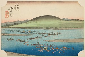De verre oever van de Oi-rivier in Kanaya (Oigawa engan, Kanaya), sectie van blad nr. 6 uit de serie "Uitgeknipte afbeeldingen van de Tokaido (Tokaido harimaze zue)"