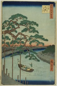De vijf dennenbomen aan de Onagi-rivier (Onagigawa Gohonmatsu), uit de serie "Honderd beroemde vergezichten van Edo (Meisho Edo hyakkei)".