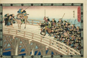 De nachtelijke aanval, deel 4 [sic; eigenlijk 5]: De terugtocht over de Ryogoku-brug, uit de serie "De wraak van de loyale vazallen" door Utagawa Hiroshige