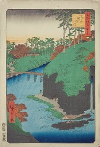 De rivier met watervallen bij Oji (Oji Takinogawa), nr. 88 uit de serie "Honderd beroemde vergezichten van Edo (Meisho Edo hyakkei)".