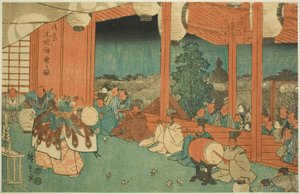 De Heilige Dans bij de Shinmei-schrijn in Shiba bij Dageraad (Shiba Shinmei, Omiya gengyo kagura no zu), uit de serie "Beroemde Plaatsen in de Oostelijke Hoofdstad (Toto meisho)" door Utagawa Hiroshige