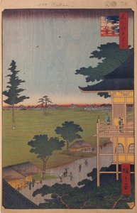 De Sazaido-hal in de Vijfhonderd Rakan-tempel Honderd beroemde uitzichten van Edo, 1856-1858