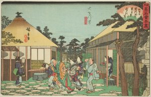 Het Tagawaya Restaurant voor Daionji (Daionji mae, Tagawaya), uit de serie "Beroemde Restaurants van Edo (Edo komei kaitei zukushi)"
