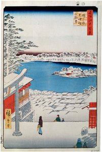 Uitzicht vanaf de top van de helling bij het Tenjin-heiligdom in Yushima door Utagawa Hiroshige