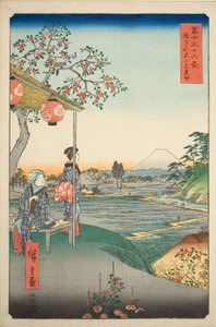 Uitzicht op de berg Fuji vanuit een theehuis in Zoshigaya (Zoshigaya Fujimi chaya), uit de serie "Zesendertig gezichten op de berg Fuji (Fuji sanjurokkei)"