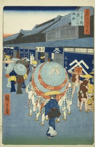 Uitzicht op Nihonbashi Tori-itchome, uit de serie "Honderd beroemde uitzichten van Edo"