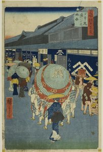 Gezicht op Nihonbashi Tori-itchome (Nihonbashi Tori-itchome ryakuzu), uit de serie " One Hundred Famous Views of Edo (Meisho Edo hyakkei)".