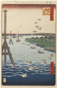 Uitzicht op Shiba Kust, nr. 108 uit Honderd Beroemde Zichten van Edo door Utagawa Hiroshige