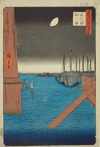 Gezicht op het eiland Tsukuda vanaf de Eitaibrug (Eitaibashi Tsukudajima), nr.4 uit de serie "Honderd beroemde gezichten op Edo (Meisho Edo hyakkei)".
