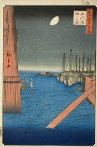 Uitzicht op Tsukuda-eiland vanaf de Eitai-brug (Eitaibashi Tsukudajima), uit de serie "Honderd beroemde uitzichten van Edo (Meisho Edo hyakkei)"