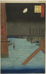 Gezicht op het eiland Tsukuda vanaf de Eitai brug (Eitaibashi Tsukudajima), uit de serie "Honderd beroemde gezichten op Edo (Meisho Edo hyakkei)".