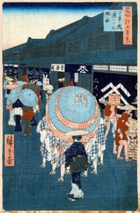 Zicht op de Eerste Straat op Nihonbashidori Honderd Beroemde Zichten van Edo, 1856-1858 door Utagawa Hiroshige