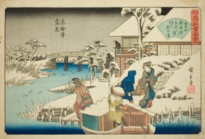 Sneeuw bekijken bij het Uekiya Restaurant bij de Mokubo Tempel (Mokuboji yukimi, Uekiya) uit de serie "Beroemde restaurants van Edo (Edo komei kaitei zukushi)" door Utagawa Hiroshige