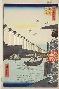 Yoroi Ferry, Koami-cho (Yoroi no watashi Koami-cho), nr.46 uit de serie "Honderd beroemde vergezichten van Edo (Meisho Edo hyakkei)". door Utagawa Hiroshige