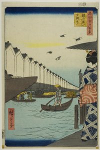 Yoroi veerboot, Koami-cho (Yoroi no watashi Koami-cho), uit de serie "Honderd beroemde vergezichten van Edo (Meisho Edo hyakkei)". door Utagawa Hiroshige