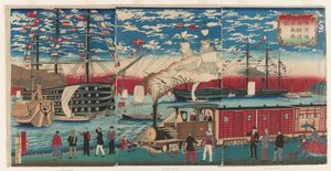 Afbeelding van een locomotief langs de waterkant van Yokohama, Yokohama, Edo periode