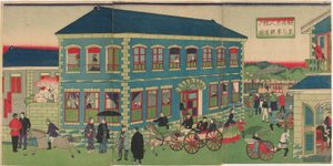 Afbeelding van de stoomtrein van de buitenlandse vestigingen van Yokohama, Meiji-periode door Utagawa Hiroshige III