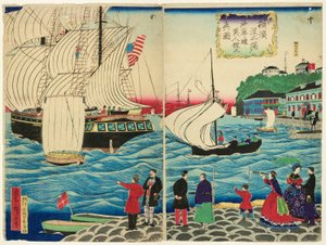 Ware weergave van de buitenlandse gebouwen langs de waterkant gezien vanaf de Yokohama-pieren