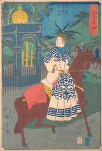 Amerikaanse vrouw die zijwaarts rijdt op de weg bij Hommoku, Motomura, Yokohama door Utagawa Hiroshige II