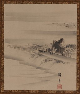 Landschap: rivier, stad en mist, Edo-periode, 19e eeuw