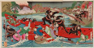 Hevige strijd op land en zee bij Taidong Rivier in Pyongyang, september 1894 door Utagawa II Kunitora