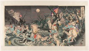 Extra krantenbericht van 26 oktober: Japanse troepen vallen Chinese cavalerie aan nabij Hushan door Utagawa Kokunimasa