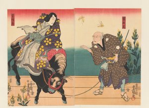 Boer begeleidt hoveling op zwarte os door Utagawa Kunisada (I)